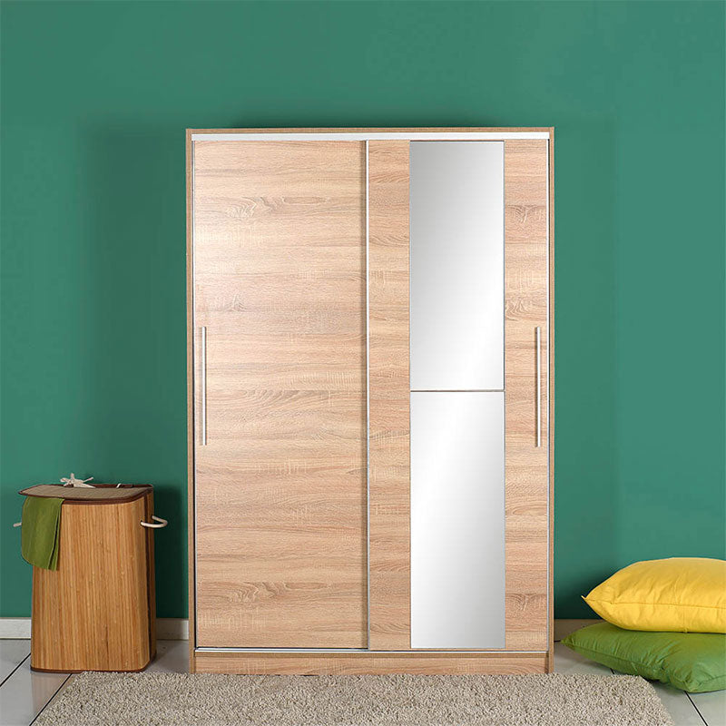 EUGEN Wardrobe with mirror in sonoma finish, featuring sliding doors and spacious interior for organized storage.