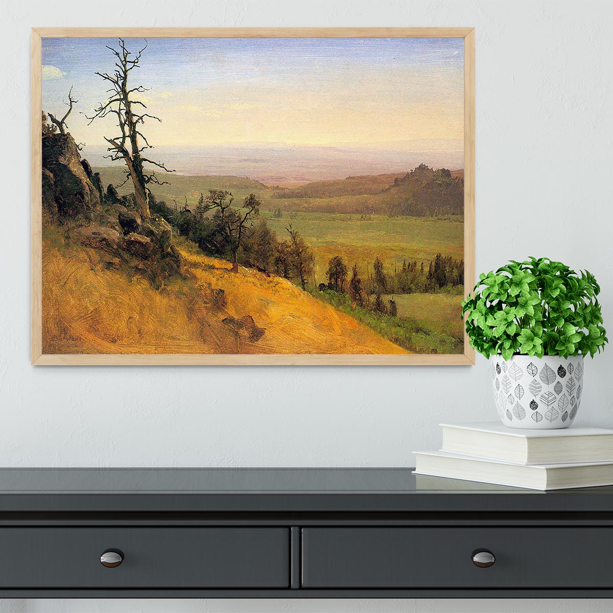 Framed print of Wasatch Mountains in Nebraska by Bierstadt, showcasing vibrant colors and intricate details.