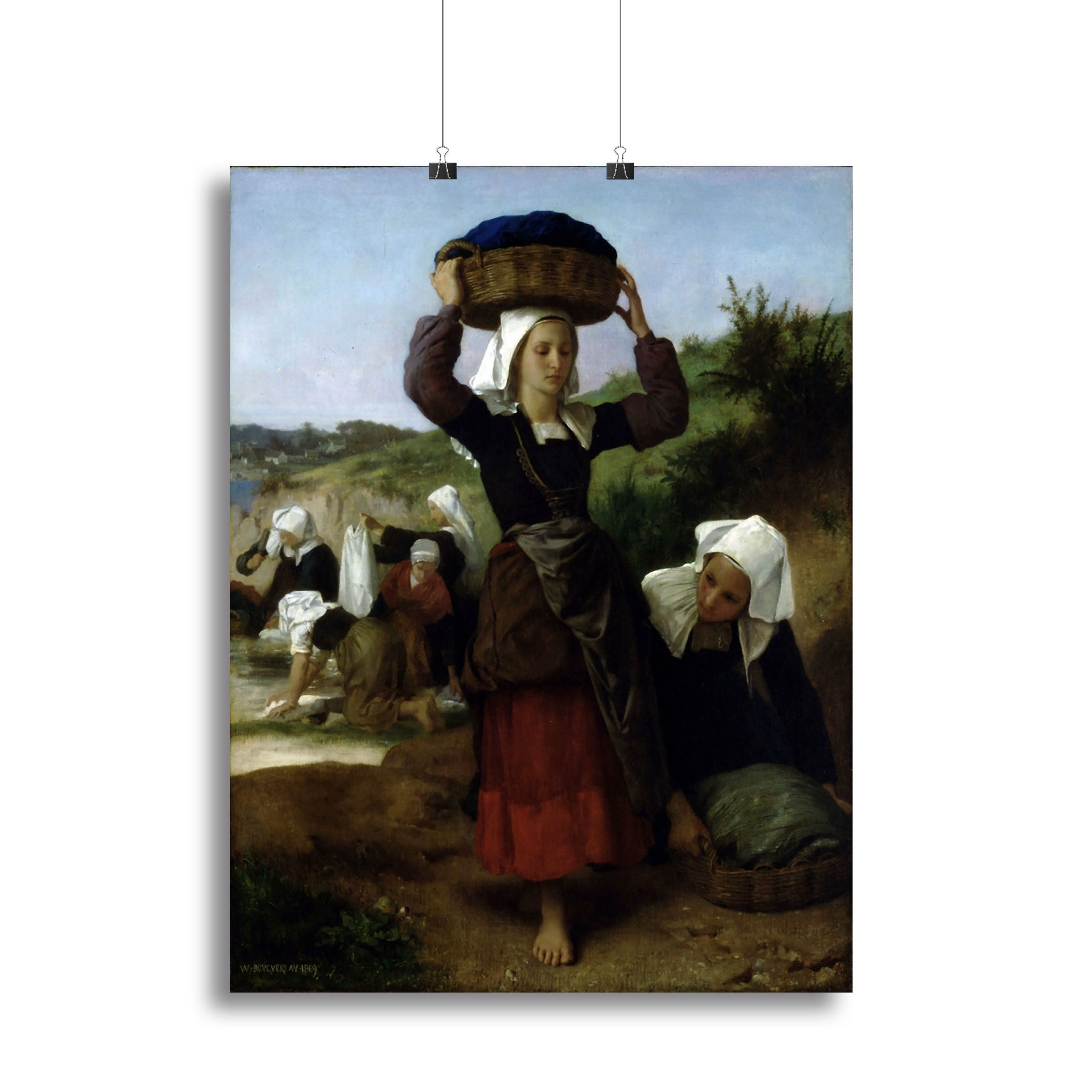 Canvas print of Washerwomen of Fouesnant by Bouguereau, showcasing women washing clothes by a river in a serene landscape.