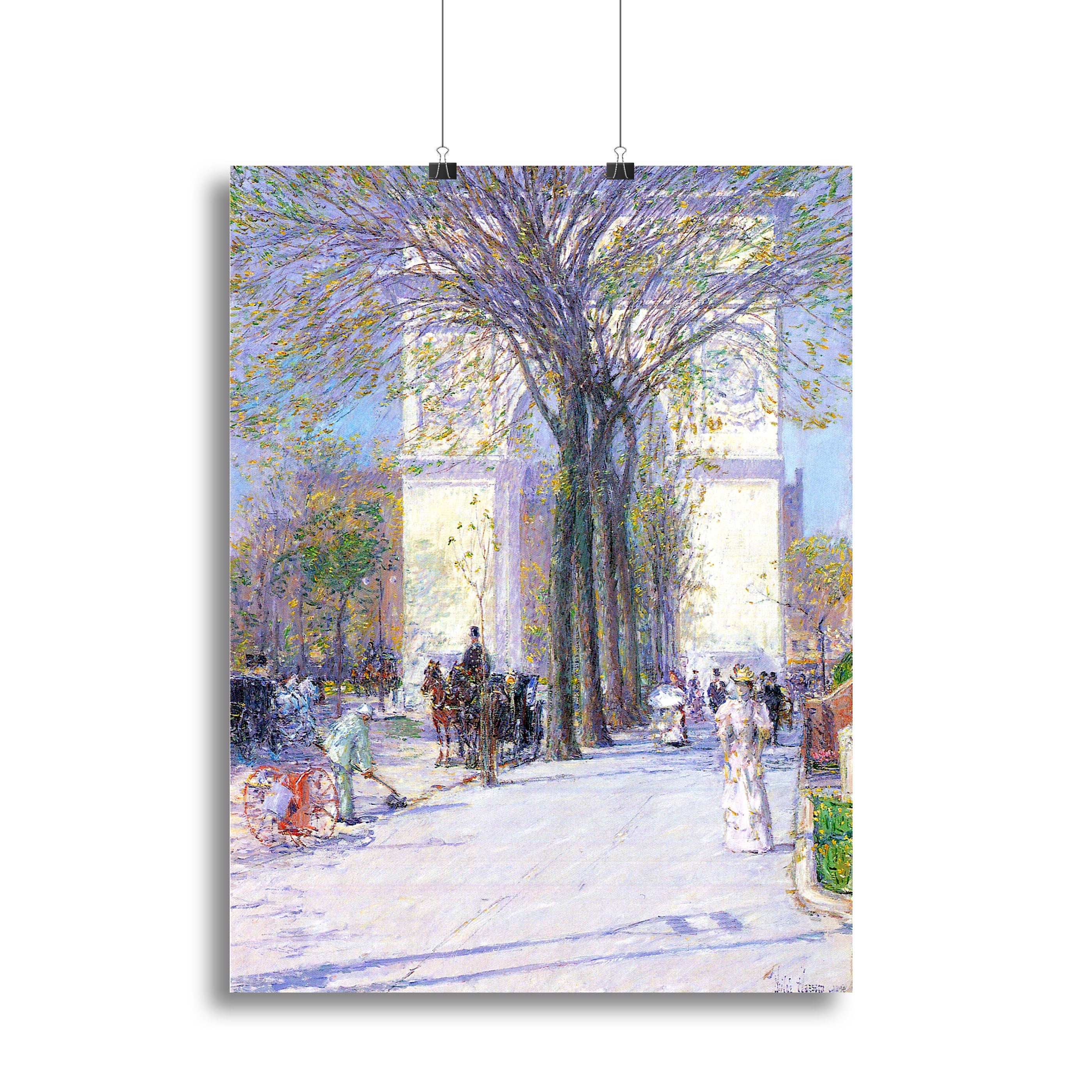Washington Triumphal Arch in Spring by Hassam, vibrant colors and blooming flowers, canvas print or poster.