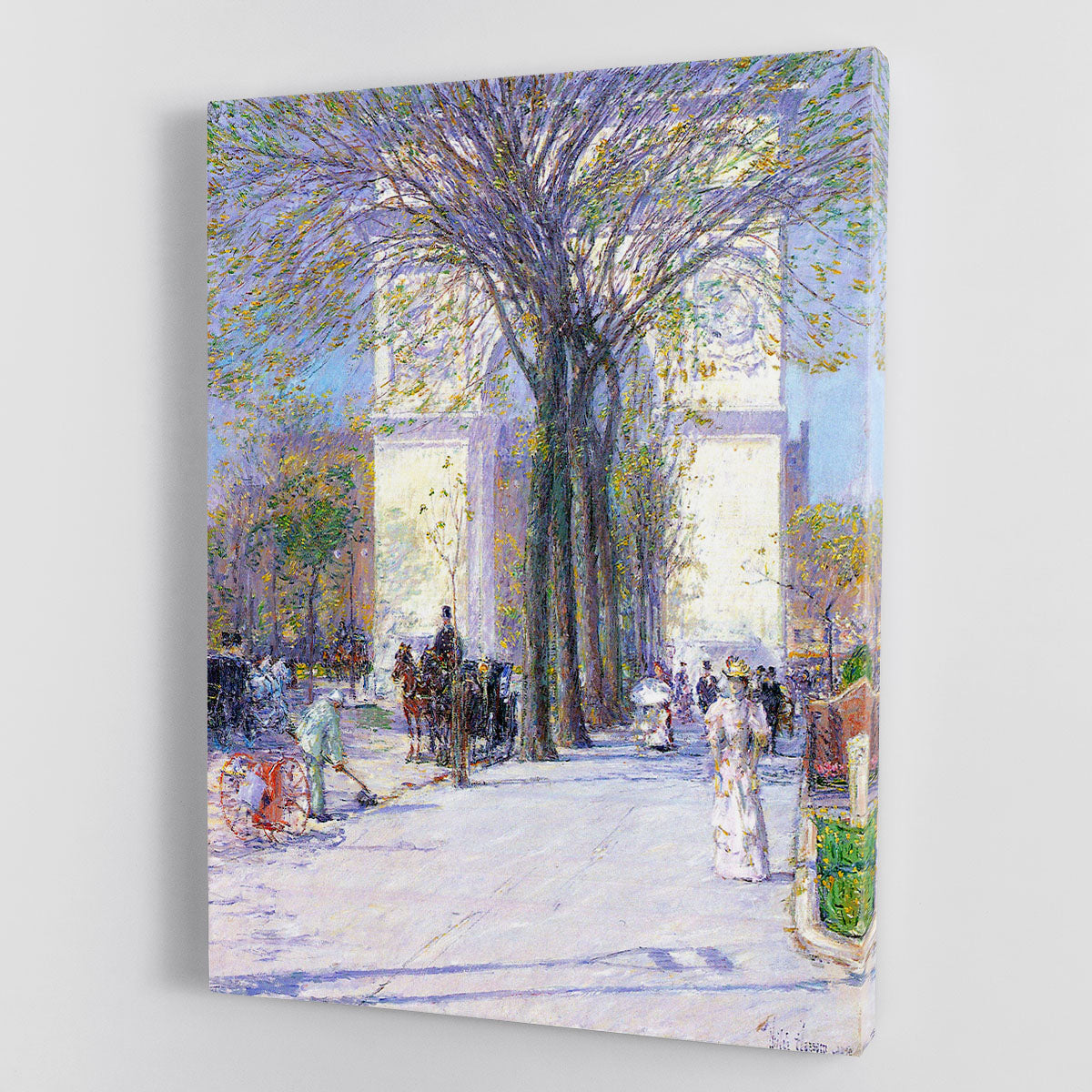 Washington Triumphal Arch in Spring by Hassam, vibrant colors and blooming flowers, canvas print or poster.