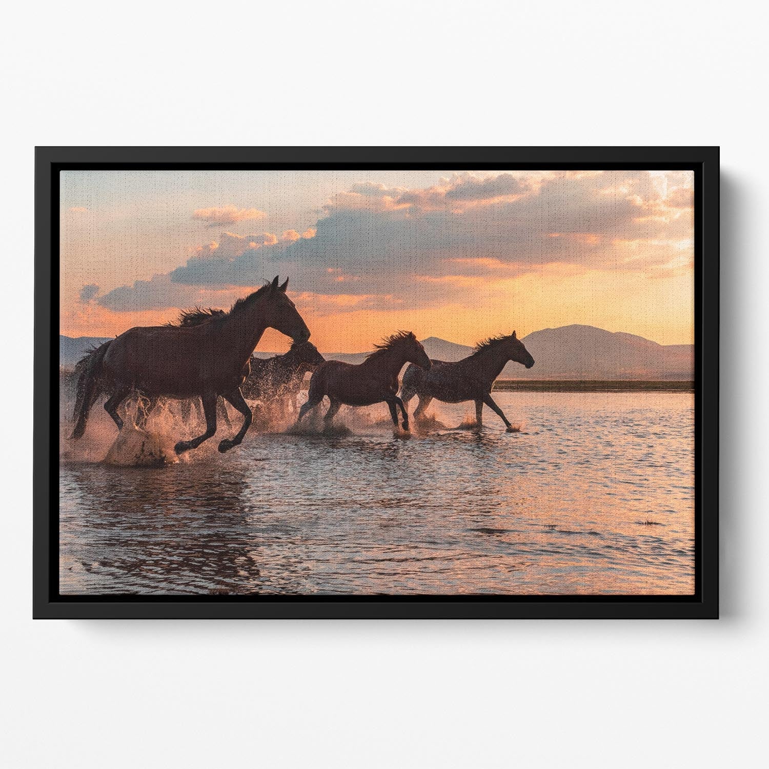 WATER HORSES Floating Framed Canvas featuring vibrant abstract design in an elegant wooden frame.