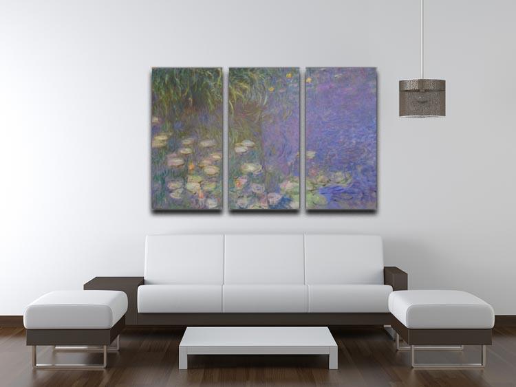 A beautiful split panel canvas print featuring Monet's Water Lillies, showcasing vibrant colors and serene nature scenes across three panels.