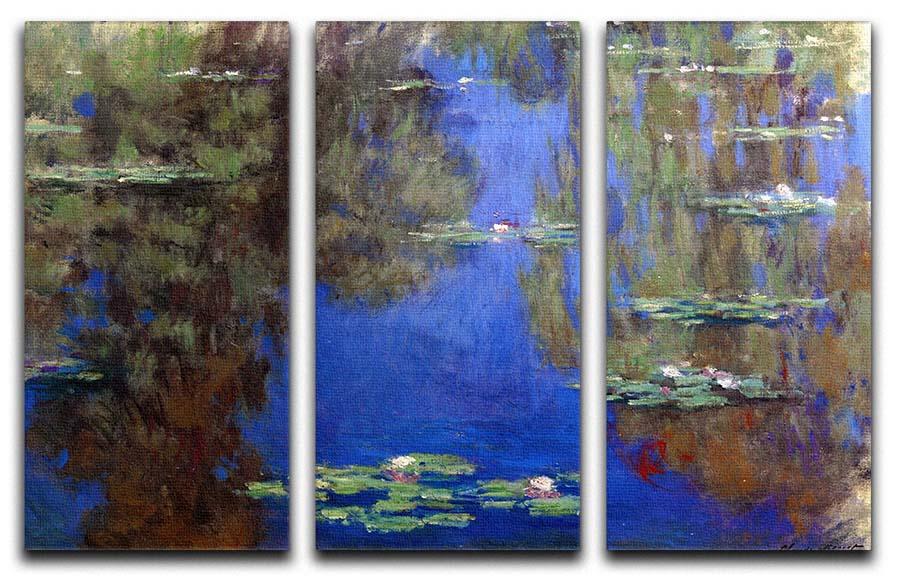 Three-panel canvas print featuring Manet's Water Lilies artwork, showcasing vibrant colors and elegant design.