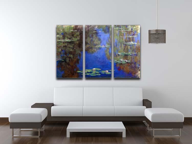 Three-panel canvas print featuring Manet's Water Lilies artwork, showcasing vibrant colors and elegant design.