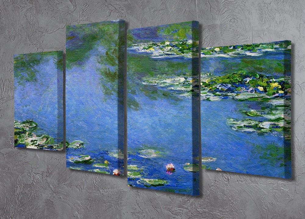 A 4-panel canvas artwork featuring Monet's Water Lilies, showcasing vibrant colors and serene imagery.