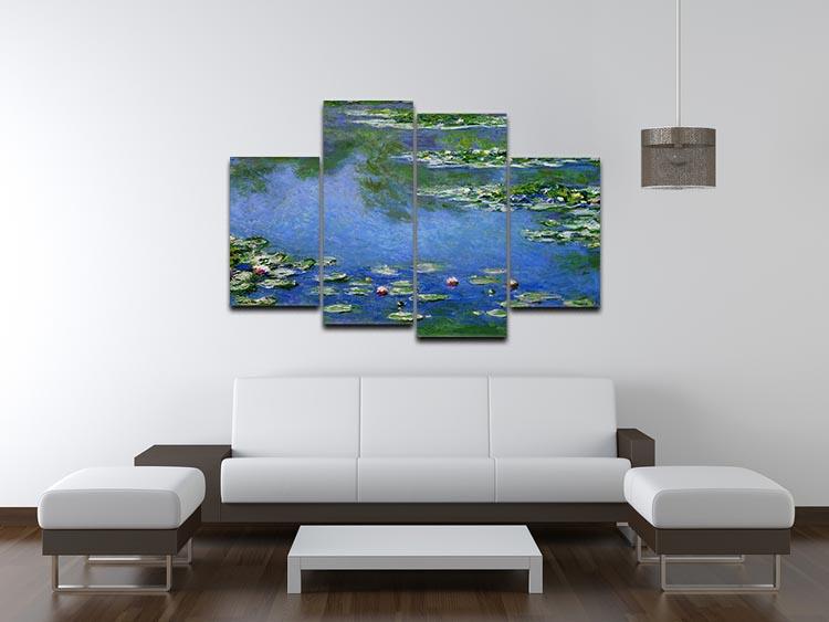 A 4-panel canvas artwork featuring Monet's Water Lilies, showcasing vibrant colors and serene imagery.