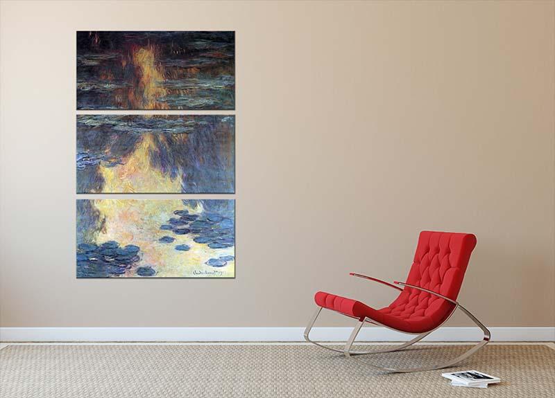 Three-panel canvas print of Monet's Water Lilies, showcasing vibrant colors and serene water landscape.