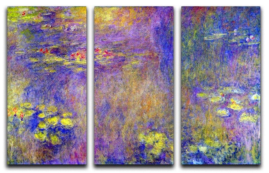 Three-panel canvas print of Monet's Water Lilies in yellow hues, showcasing vibrant colors and intricate details.