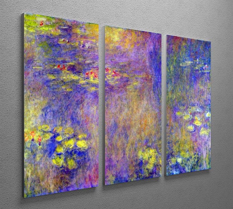 Three-panel canvas print of Monet's Water Lilies in yellow hues, showcasing vibrant colors and intricate details.