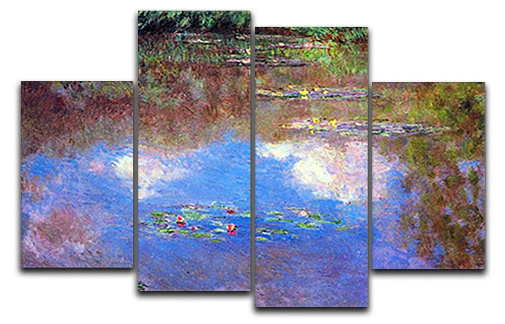 Water Lily Pond 4 Split Panel Canvas by Monet, showcasing vibrant colors and serene water lily imagery across four panels.