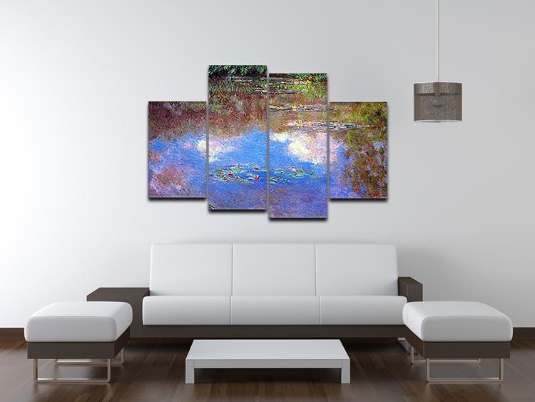 Water Lily Pond 4 Split Panel Canvas by Monet, showcasing vibrant colors and serene water lily imagery across four panels.