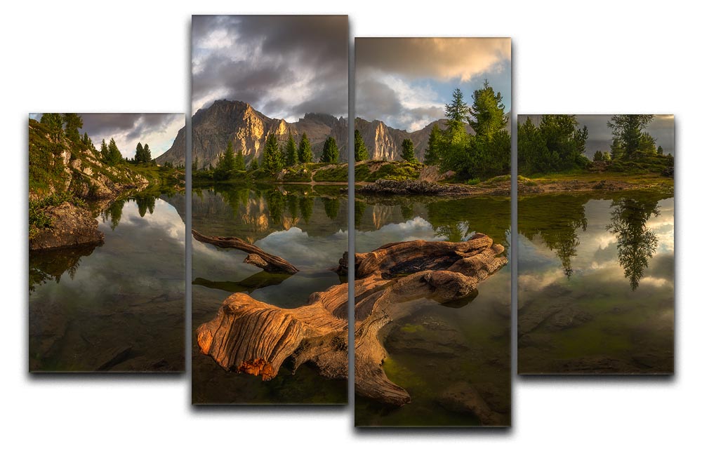 A stunning 4-split canvas artwork depicting a serene water reflection landscape, showcasing vibrant colors and intricate details.