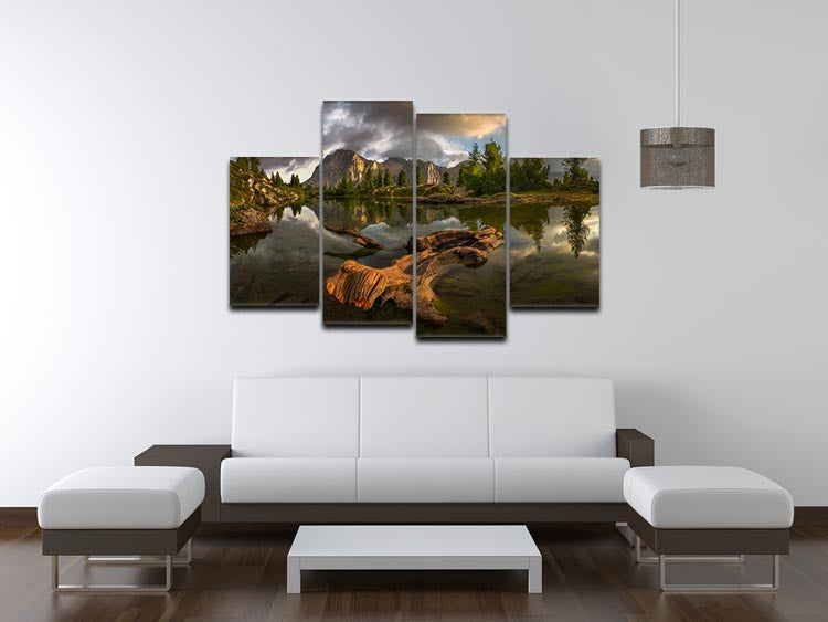 A stunning 4-split canvas artwork depicting a serene water reflection landscape, showcasing vibrant colors and intricate details.