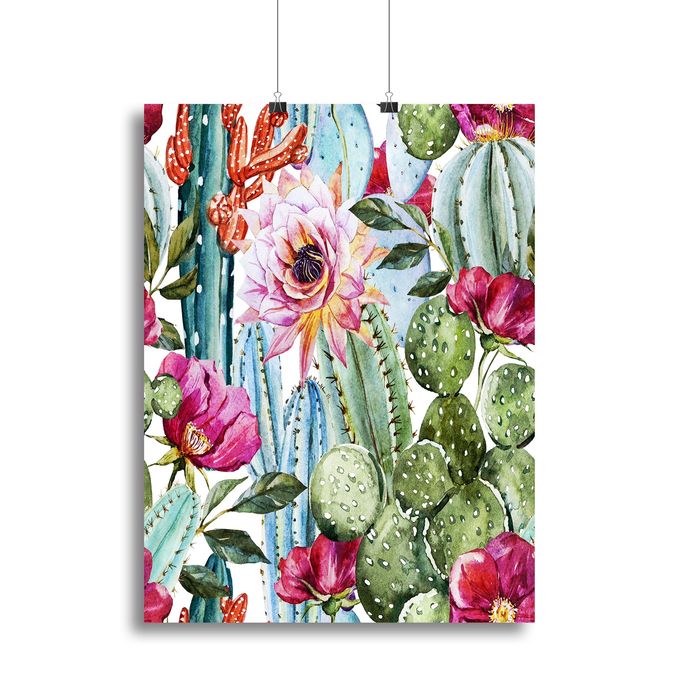 A vibrant watercolor cactus pattern canvas print showcasing intricate details and bright colors, perfect for modern home decor.