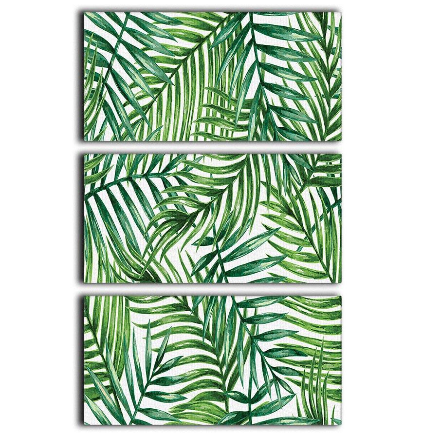 Three-panel canvas print featuring watercolor tropical palm leaves, showcasing vibrant greens and elegant design.
