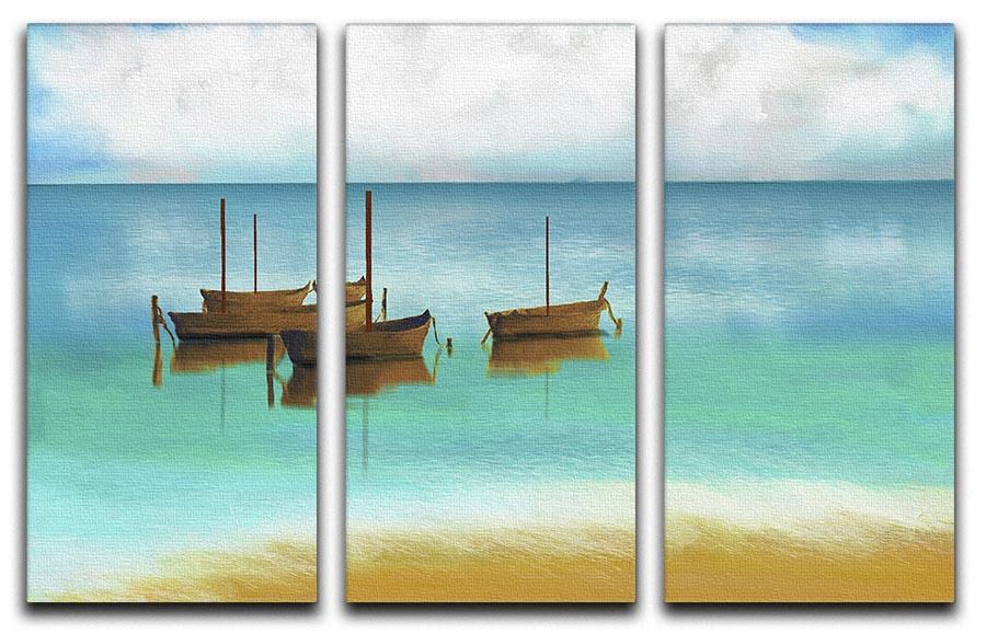 A beautiful 3-panel canvas print depicting a serene watercolour beach scene, perfect for home decor.