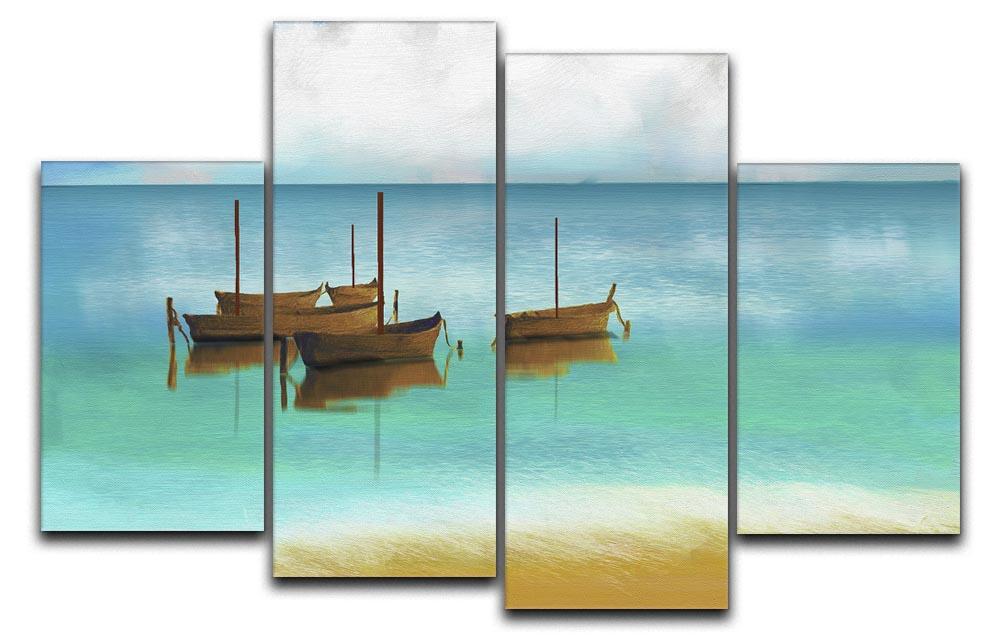 A beautiful watercolour beach scene divided into four panels, showcasing vibrant colors and serene ocean views.