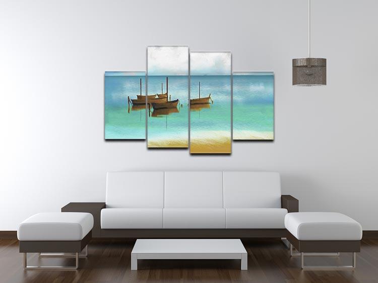 A beautiful watercolour beach scene divided into four panels, showcasing vibrant colors and serene ocean views.