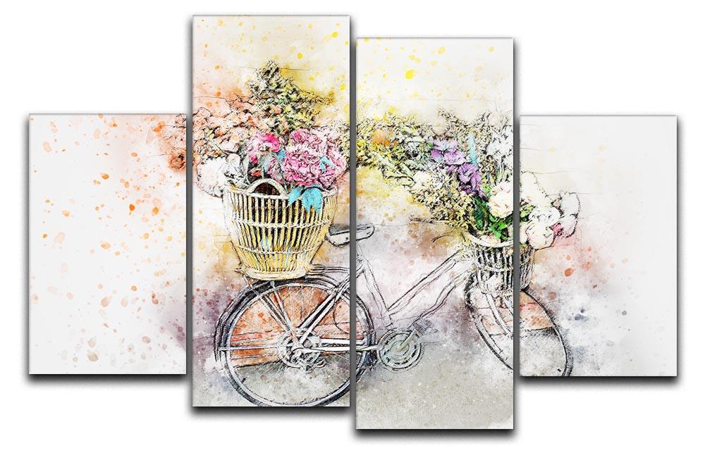A beautiful watercolour painting of a bike divided into four canvas panels, showcasing vibrant colors and artistic detail.
