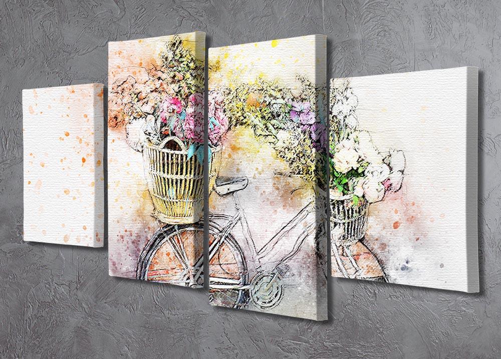 A beautiful watercolour painting of a bike divided into four canvas panels, showcasing vibrant colors and artistic detail.