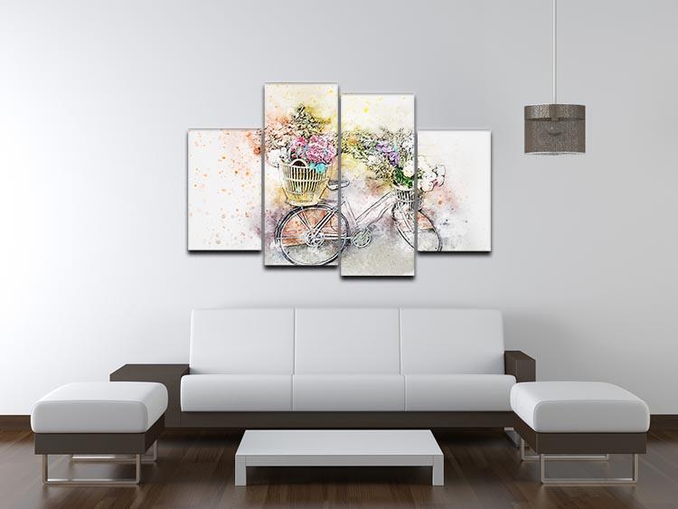 A beautiful watercolour painting of a bike divided into four canvas panels, showcasing vibrant colors and artistic detail.