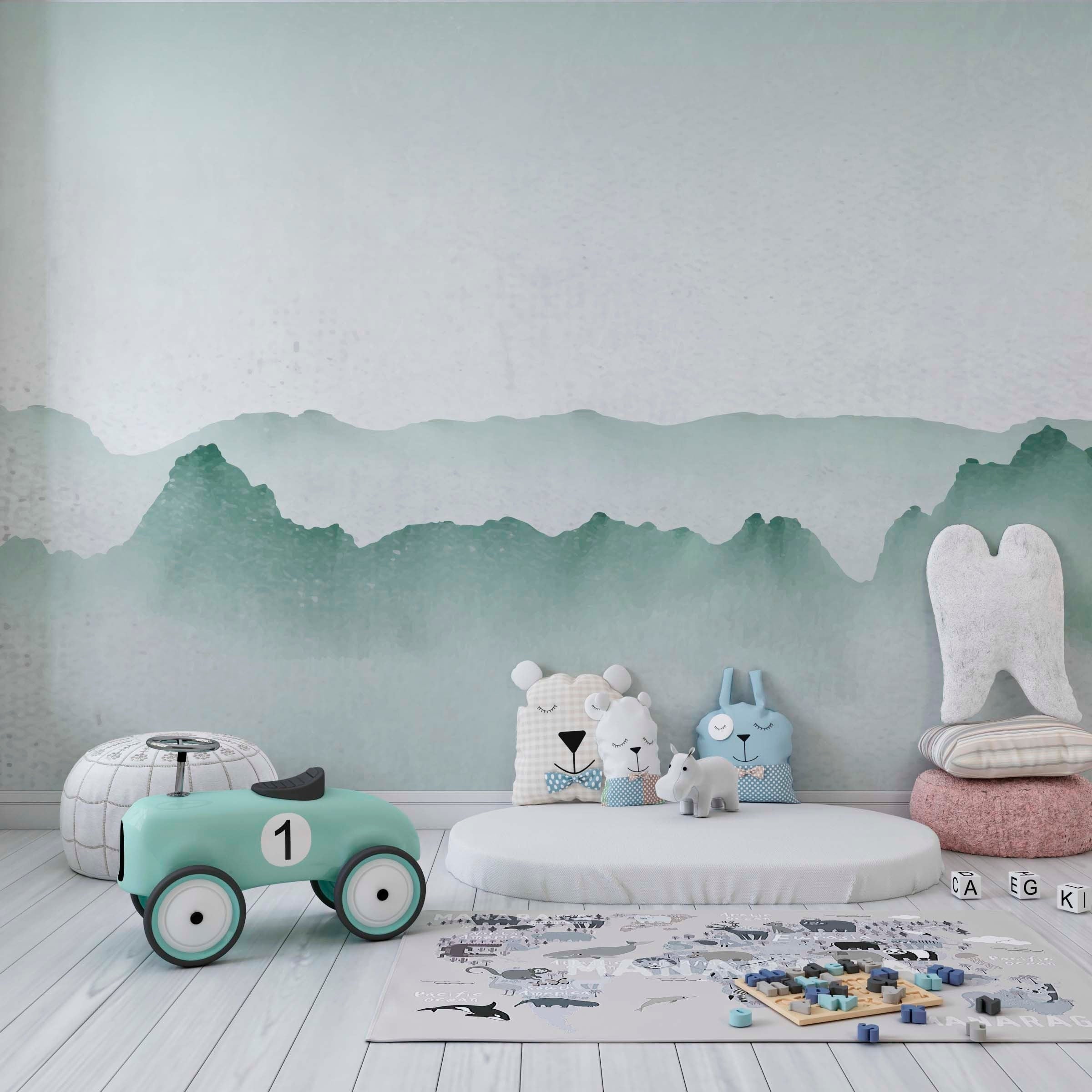 A beautiful Watercolour Ombre wall mural featuring gradient colors inspired by serene woodlands, perfect for home decor.