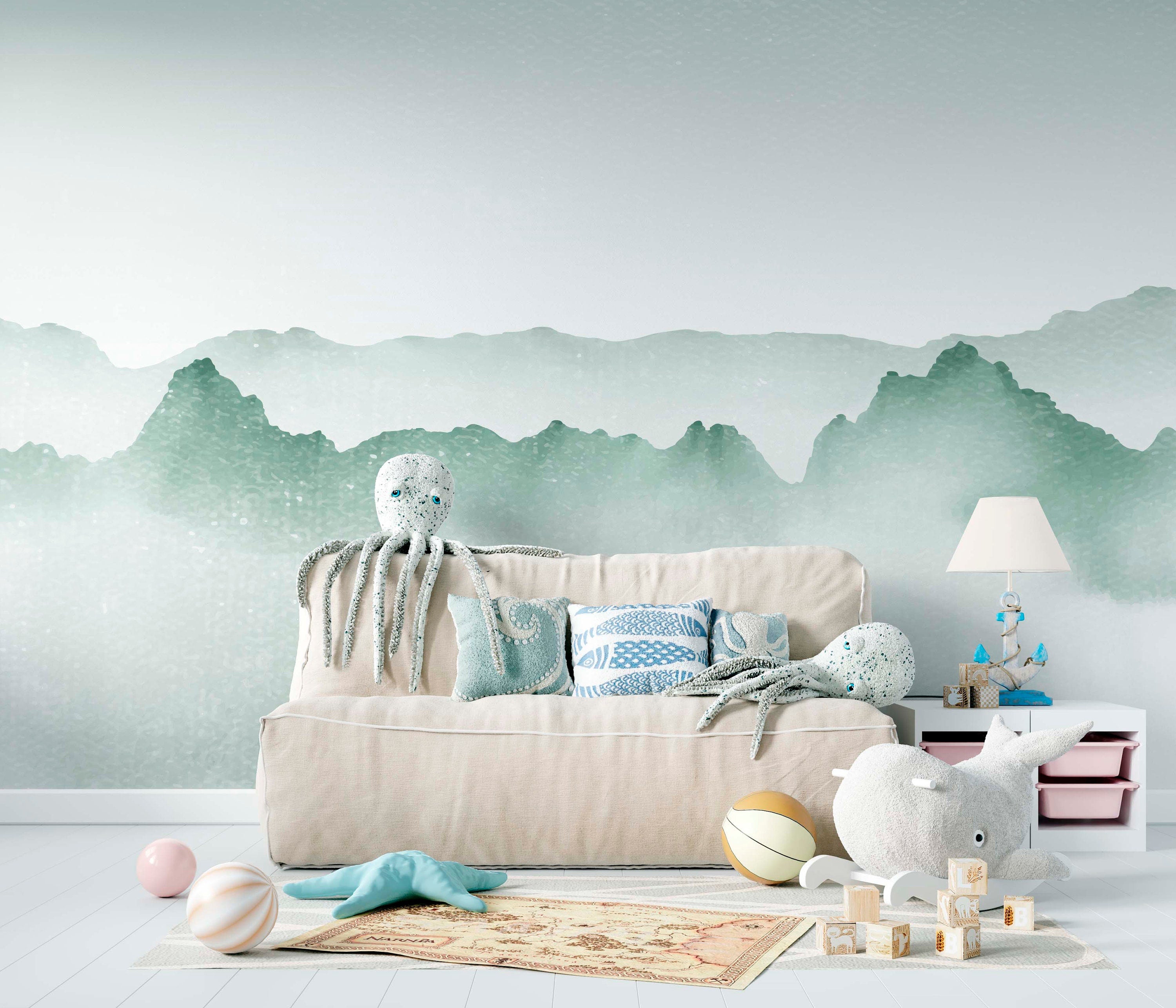 A beautiful Watercolour Ombre wall mural featuring gradient colors inspired by serene woodlands, perfect for home decor.