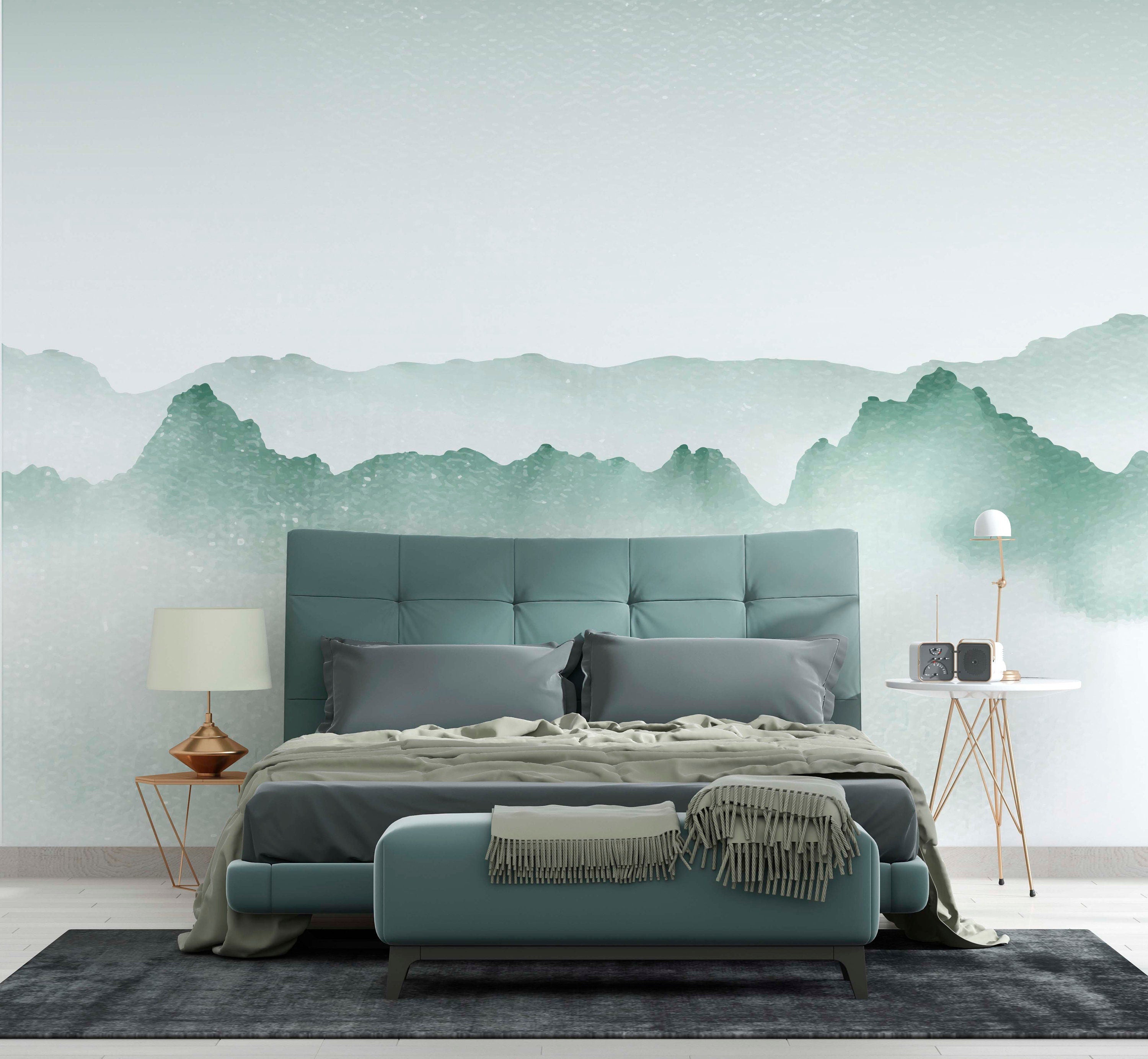 A beautiful Watercolour Ombre wall mural featuring gradient colors inspired by serene woodlands, perfect for home decor.