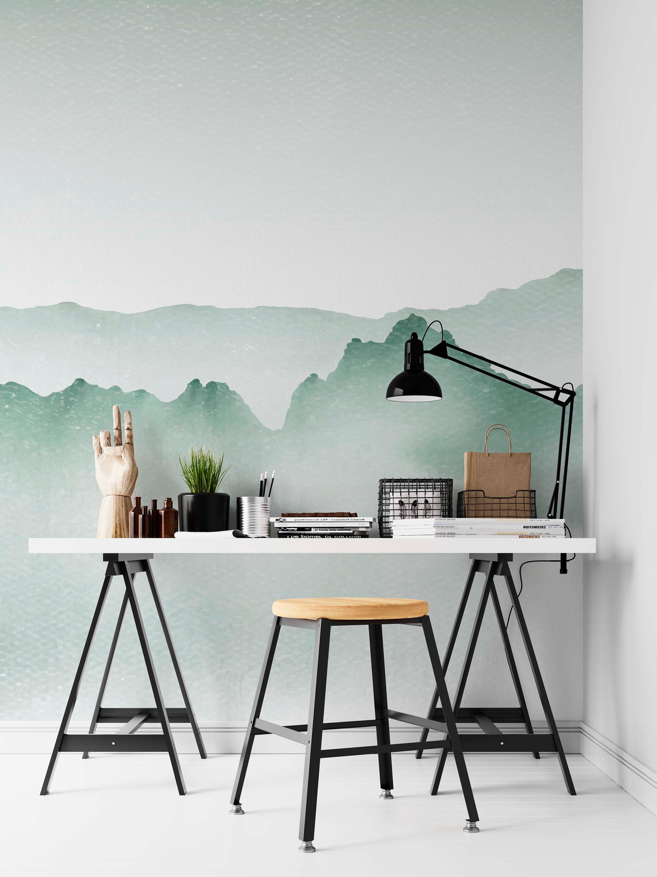 A beautiful Watercolour Ombre wall mural featuring gradient colors inspired by serene woodlands, perfect for home decor.