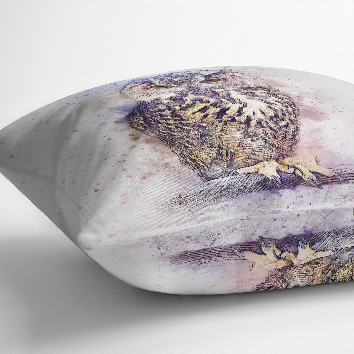 A vibrant Watercolour Owl Cushion featuring a colorful owl design on luxurious vegan faux suede, perfect for home decor.
