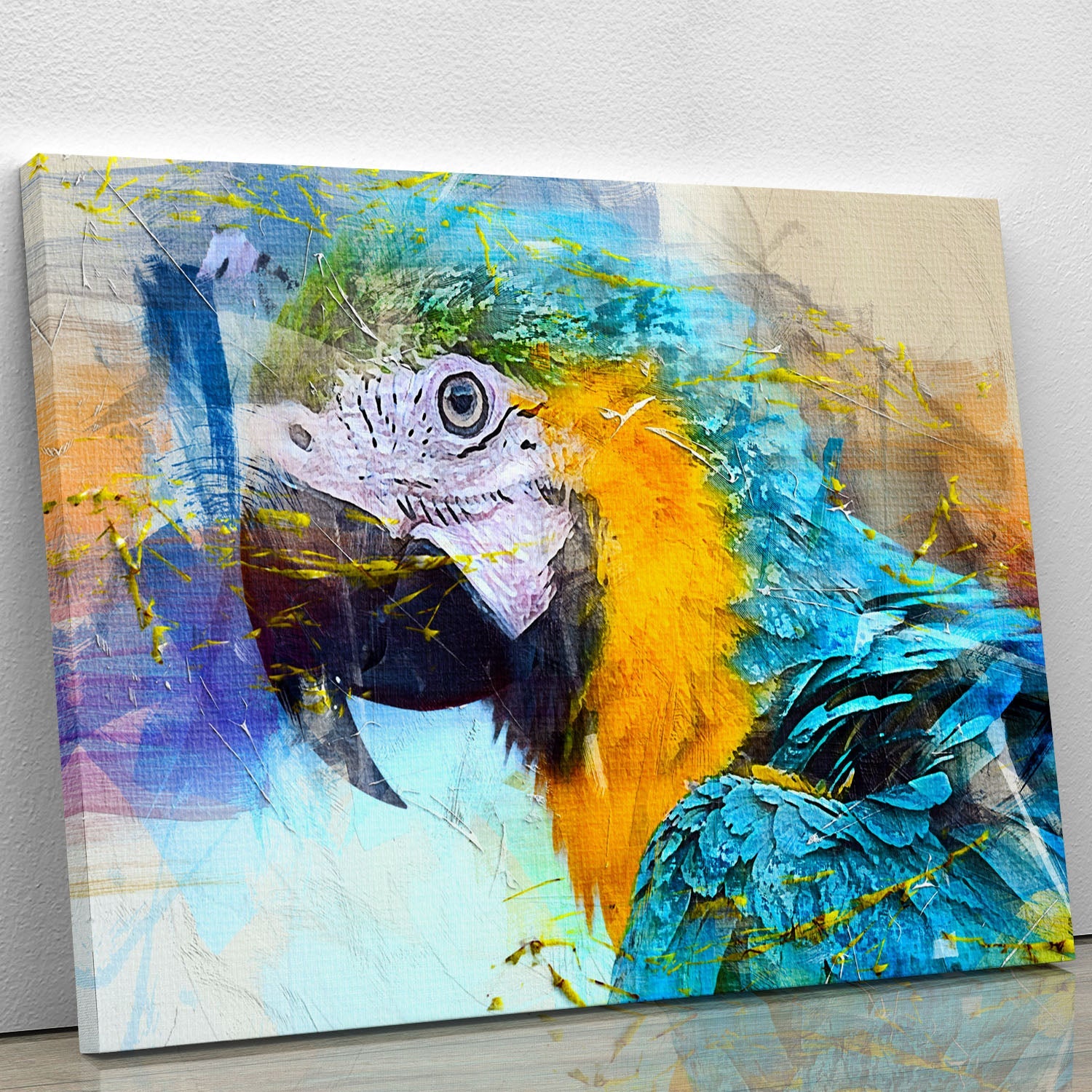 A vibrant watercolour painting of a parrot, showcasing intricate details and bright colors, perfect for home decor.