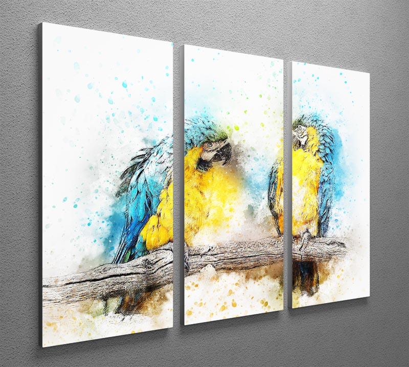 A vibrant 3-panel canvas print featuring beautifully painted watercolour parrots, perfect for home decor.