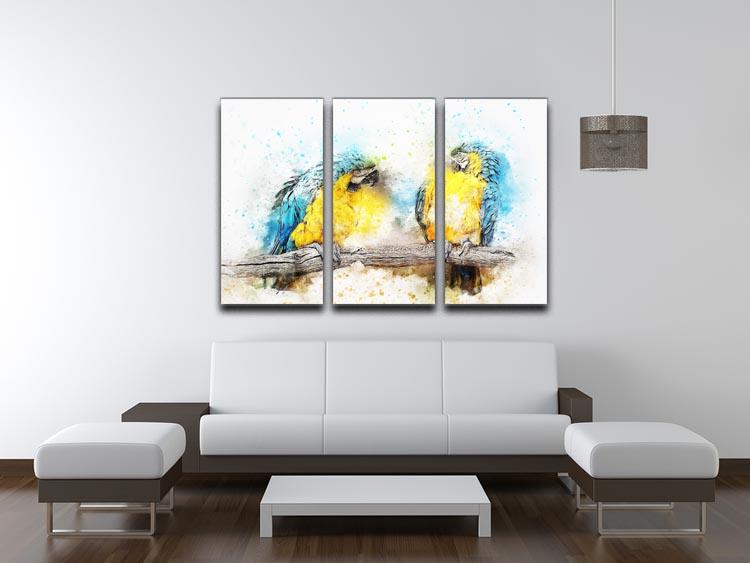 A vibrant 3-panel canvas print featuring beautifully painted watercolour parrots, perfect for home decor.