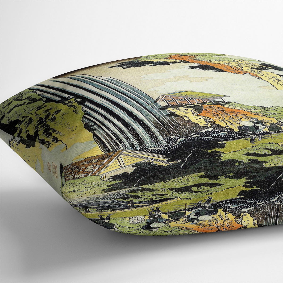 A vibrant cushion featuring an abstract design inspired by Hokusai's Waterfall, made from luxurious vegan faux suede.