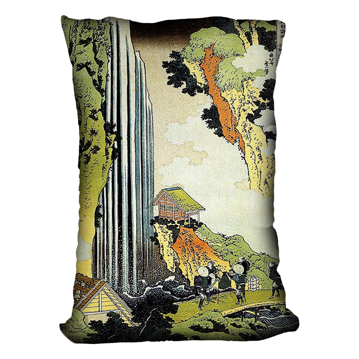 A vibrant cushion featuring an abstract design inspired by Hokusai's Waterfall, made from luxurious vegan faux suede.