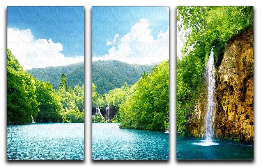 A beautiful 3-panel canvas print depicting a serene waterfall in a lush deep forest, enhancing interior decor.
