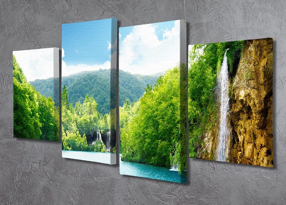 A beautiful 4 split panel canvas artwork depicting a serene waterfall in a lush green forest, showcasing vibrant colors and intricate details.