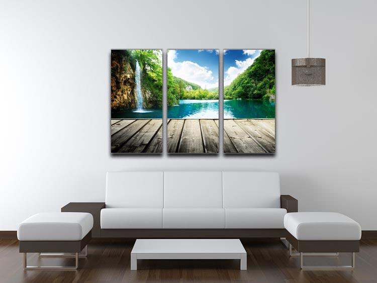 A beautiful 3-panel canvas print depicting a waterfall in a lush Croatian forest, showcasing vibrant colors and intricate details.