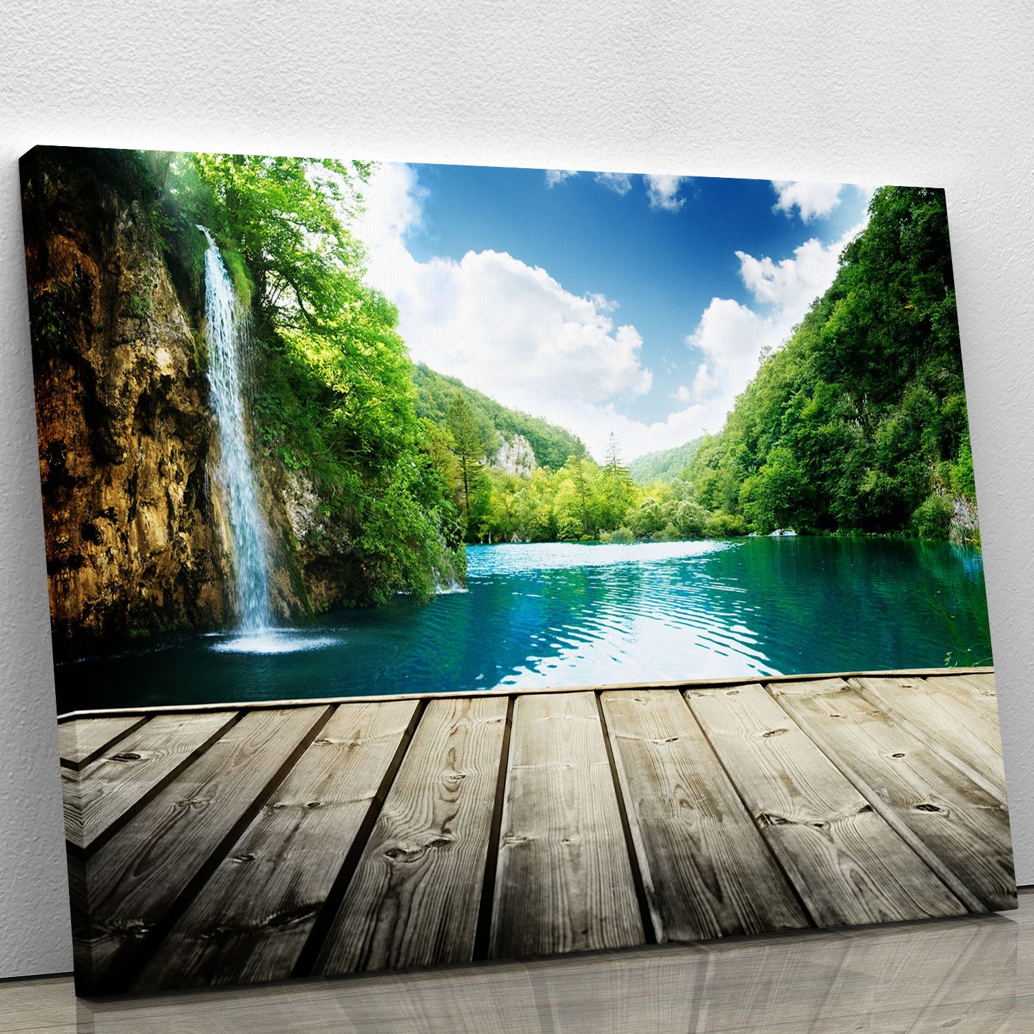 A beautiful canvas print depicting a waterfall in a deep forest in Croatia, showcasing vibrant greens and flowing water.