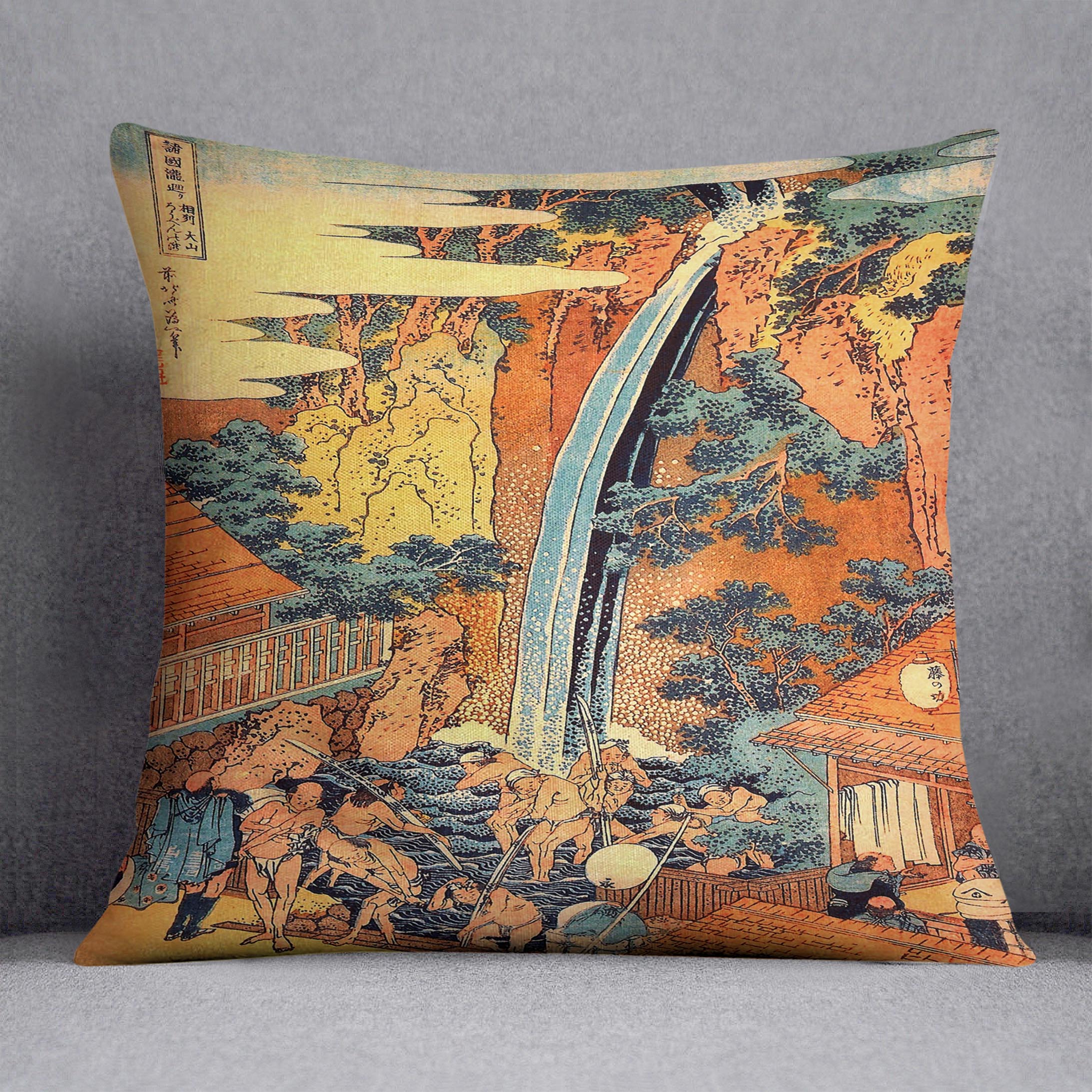 Vibrant abstract cushion featuring Hokusai's Waterfalls design on luxurious vegan faux suede, perfect for home decor.