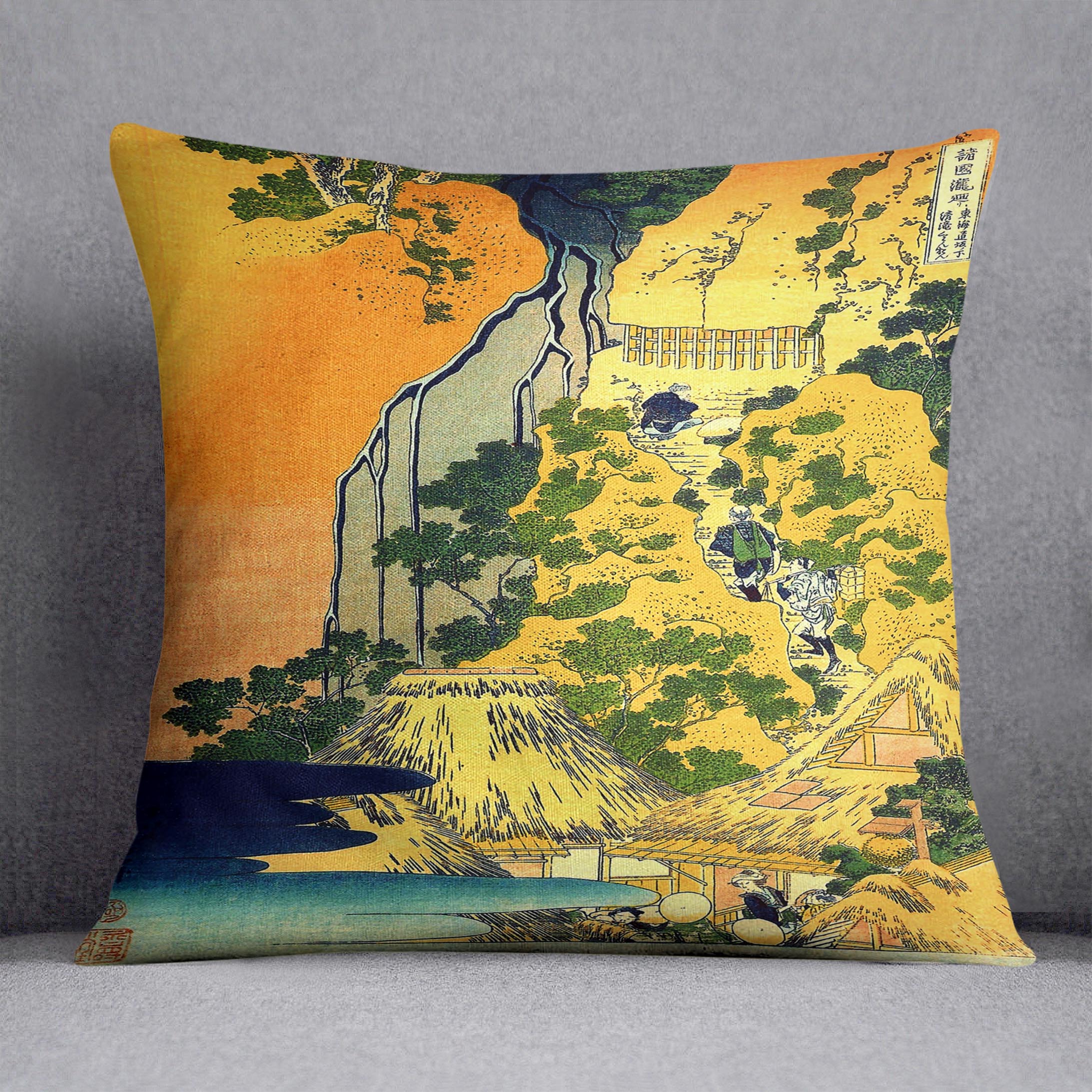 Vibrant abstract cushion featuring Hokusai's Waterfalls design, made from luxurious vegan faux suede, showcasing colorful patterns.