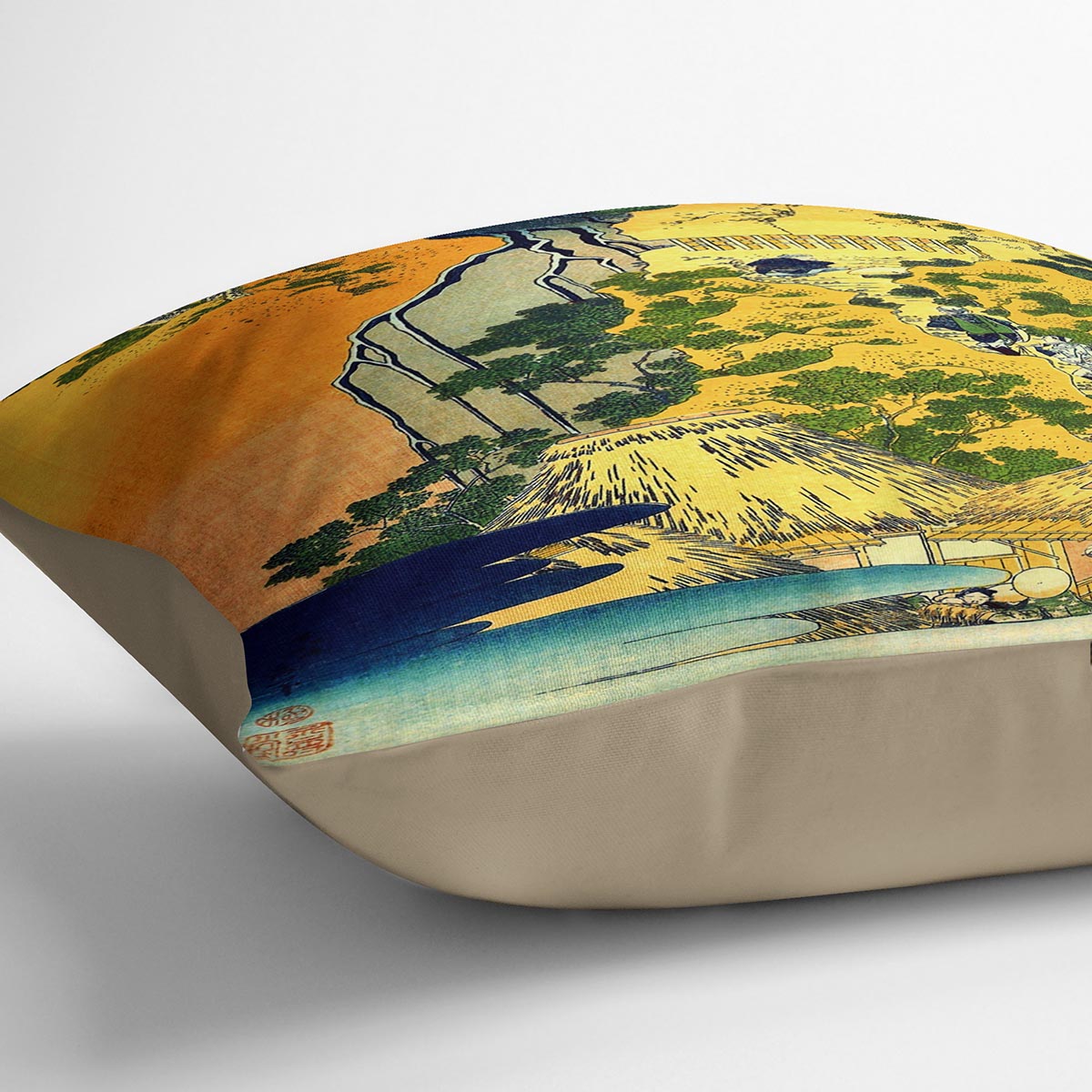 Vibrant abstract cushion featuring Hokusai's Waterfalls design, made from luxurious vegan faux suede, showcasing colorful patterns.