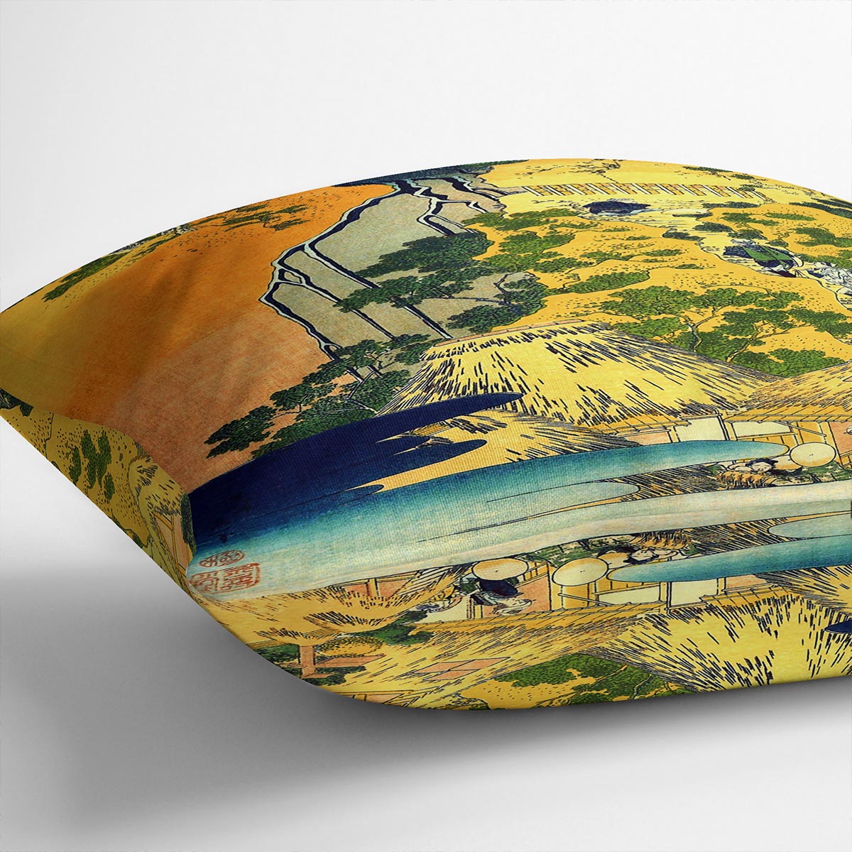 Vibrant abstract cushion featuring Hokusai's Waterfalls design, made from luxurious vegan faux suede, showcasing colorful patterns.