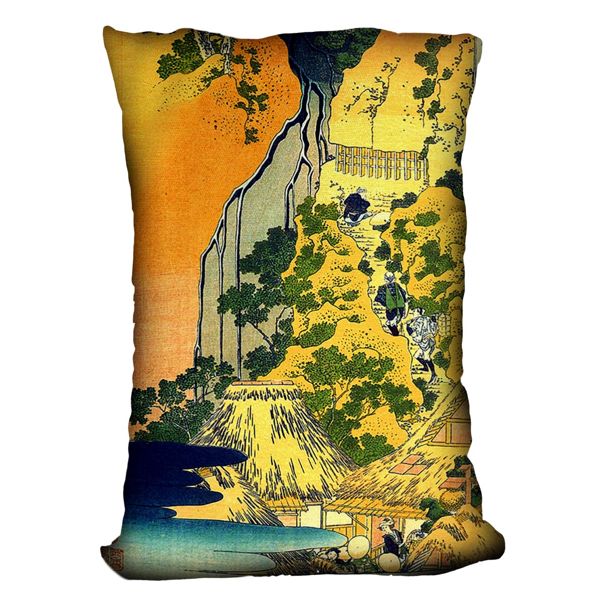 Vibrant abstract cushion featuring Hokusai's Waterfalls design, made from luxurious vegan faux suede, showcasing colorful patterns.