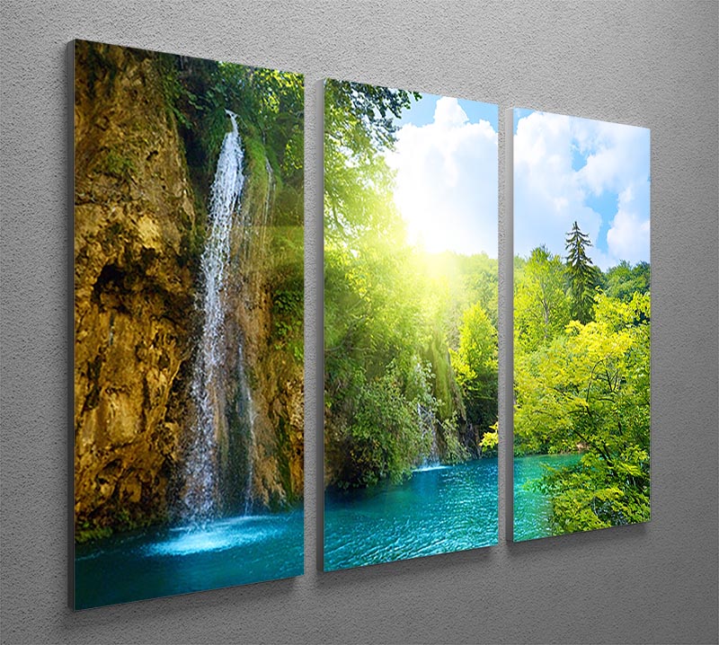 A stunning 3-panel canvas print depicting waterfalls in a deep forest, showcasing vibrant greens and flowing water.