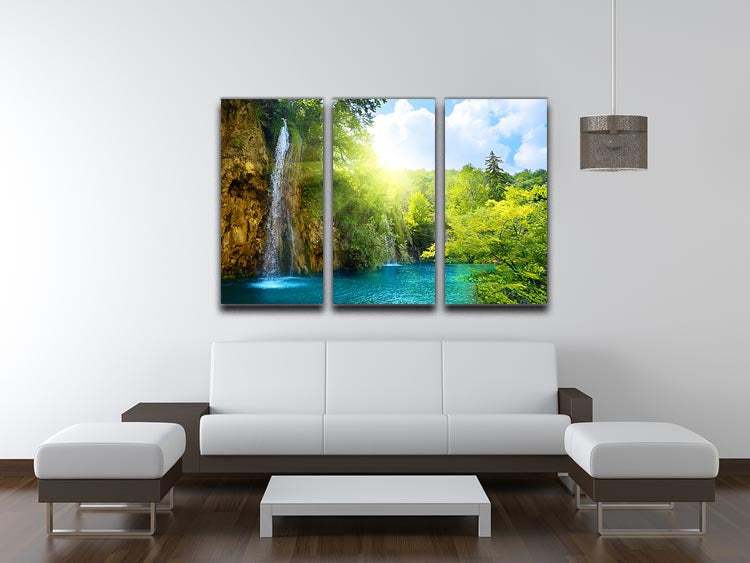A stunning 3-panel canvas print depicting waterfalls in a deep forest, showcasing vibrant greens and flowing water.