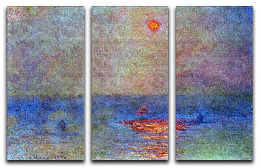 Three-panel canvas print of Monet's Waterloo Bridge in fog, showcasing soft colors and impressionist style.