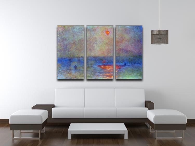 Three-panel canvas print of Monet's Waterloo Bridge in fog, showcasing soft colors and impressionist style.
