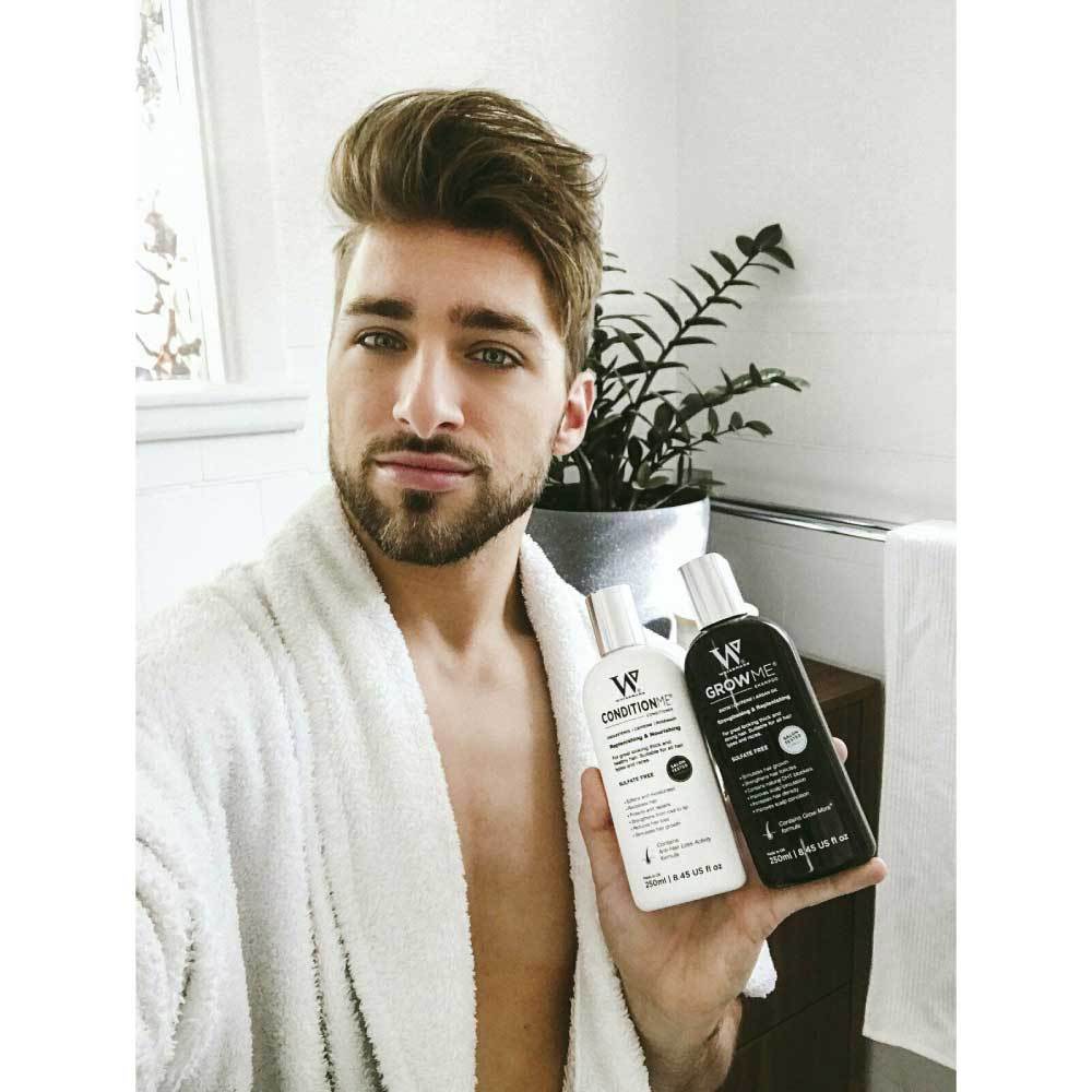 Watermans Grow Me Shampoo Conditioner Elixir Pack featuring shampoo, conditioner, and elixir for hair growth.